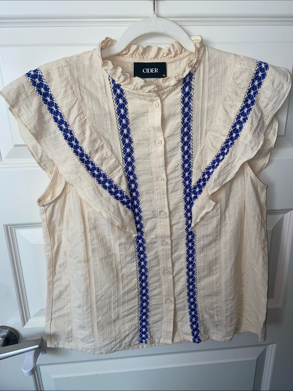 Cider Cotton Stand Collar Crochet Contrasting Binding Short Sleeve Blouse - Picture 10 of 12